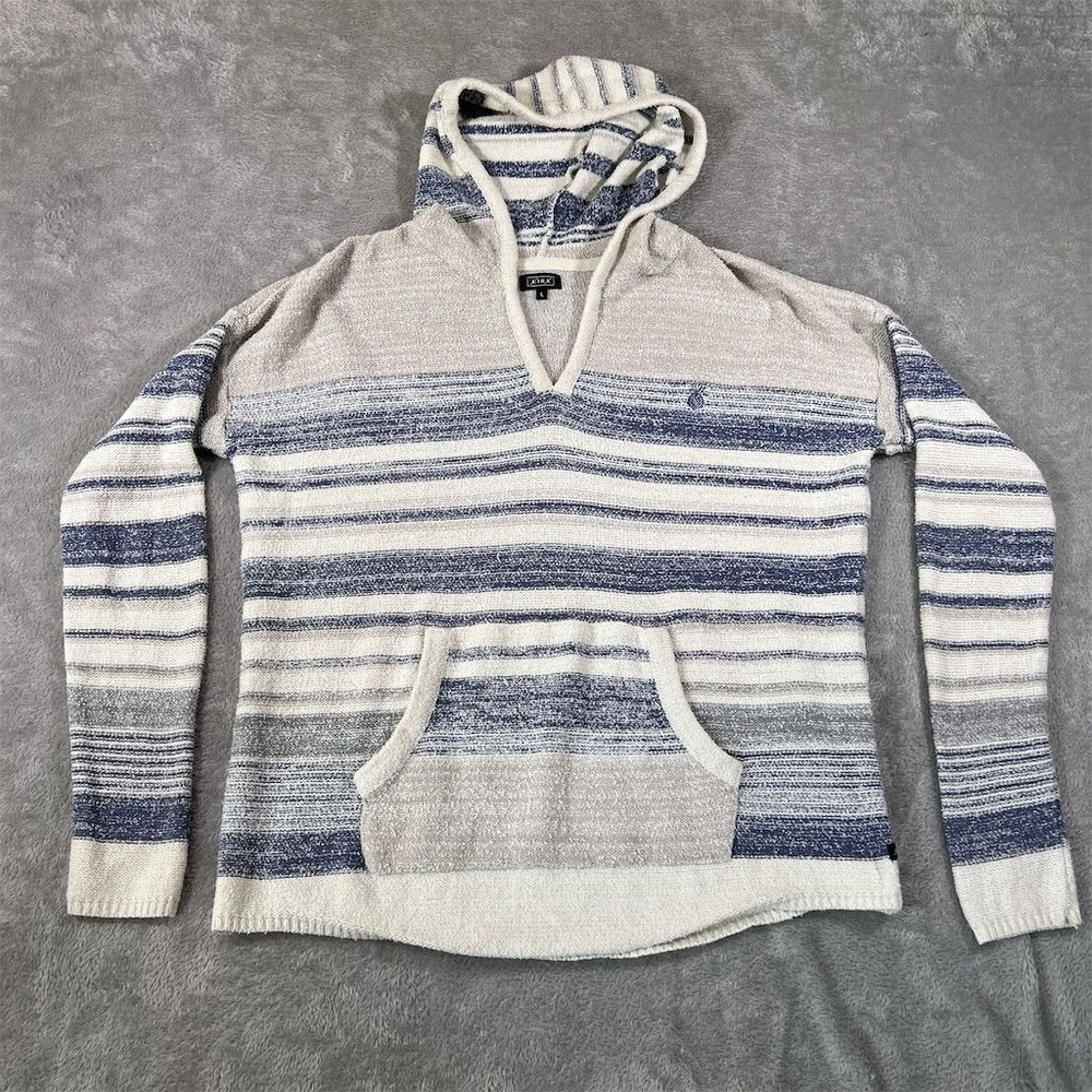 Lira Pullover Hoodie Womens Large Blue Striped Beach Baja V-Neck Poncho